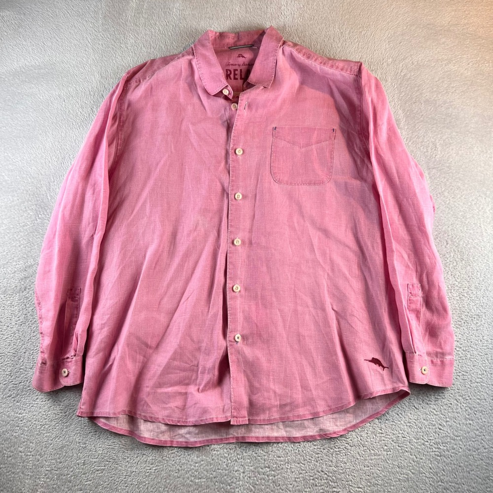 Tommy Bahama Relax Mens XL Pink 100% Linen Long Sleeve Button Down Shirt Pocket